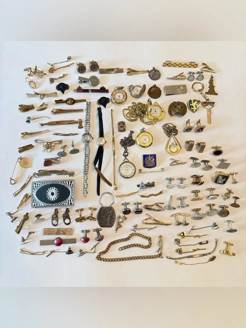 Huge Lot Of Men’s Tie Clips Cuff links Watches Junk Drawer Pins Medals